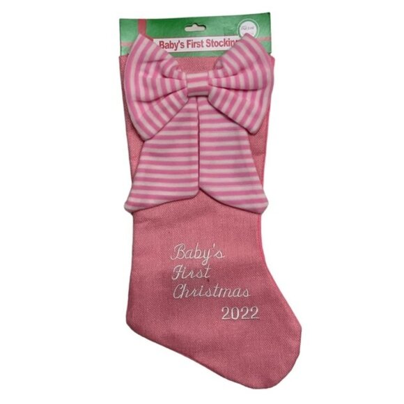 Baby First Christmas Stocking Embroidered 2022  Baby Girl Pink White 17 Inches - Picture 13 of 16